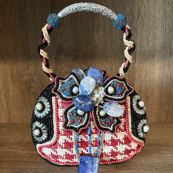 MARY FRANCES Red Check Floral Beaded Handbag NWOT - Picture 3 of 6